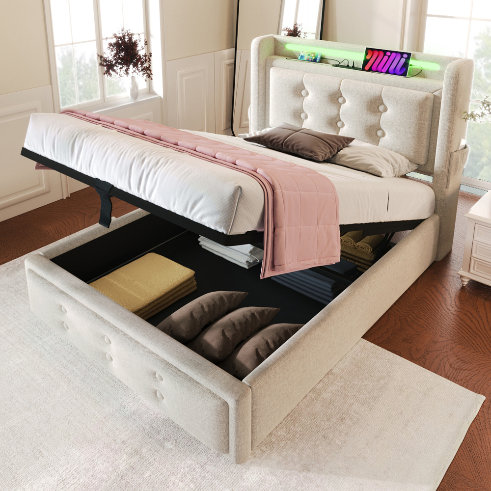 Cama Individual Tapizada 90x200cm con Canapé, LED y USB, Algodón+Lino Beige