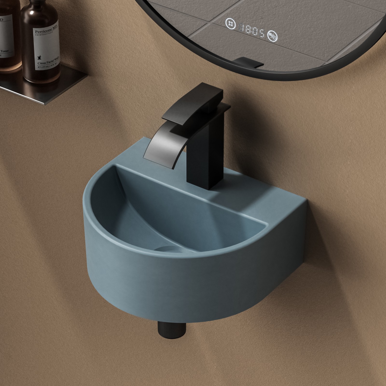 Emke lavabo mural ovalado de cerámica, gris azul mate, 30,3x25,5x12 cm