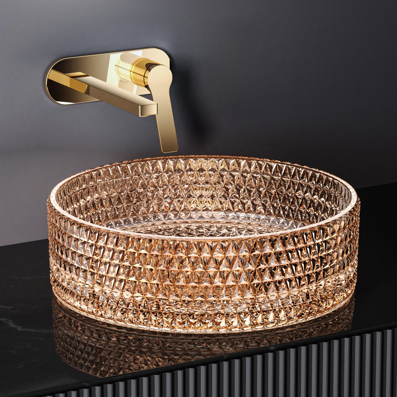 Emke lavabo redondo de vidrio para encimera, rosa dorado, 36x36x11,2 cm
