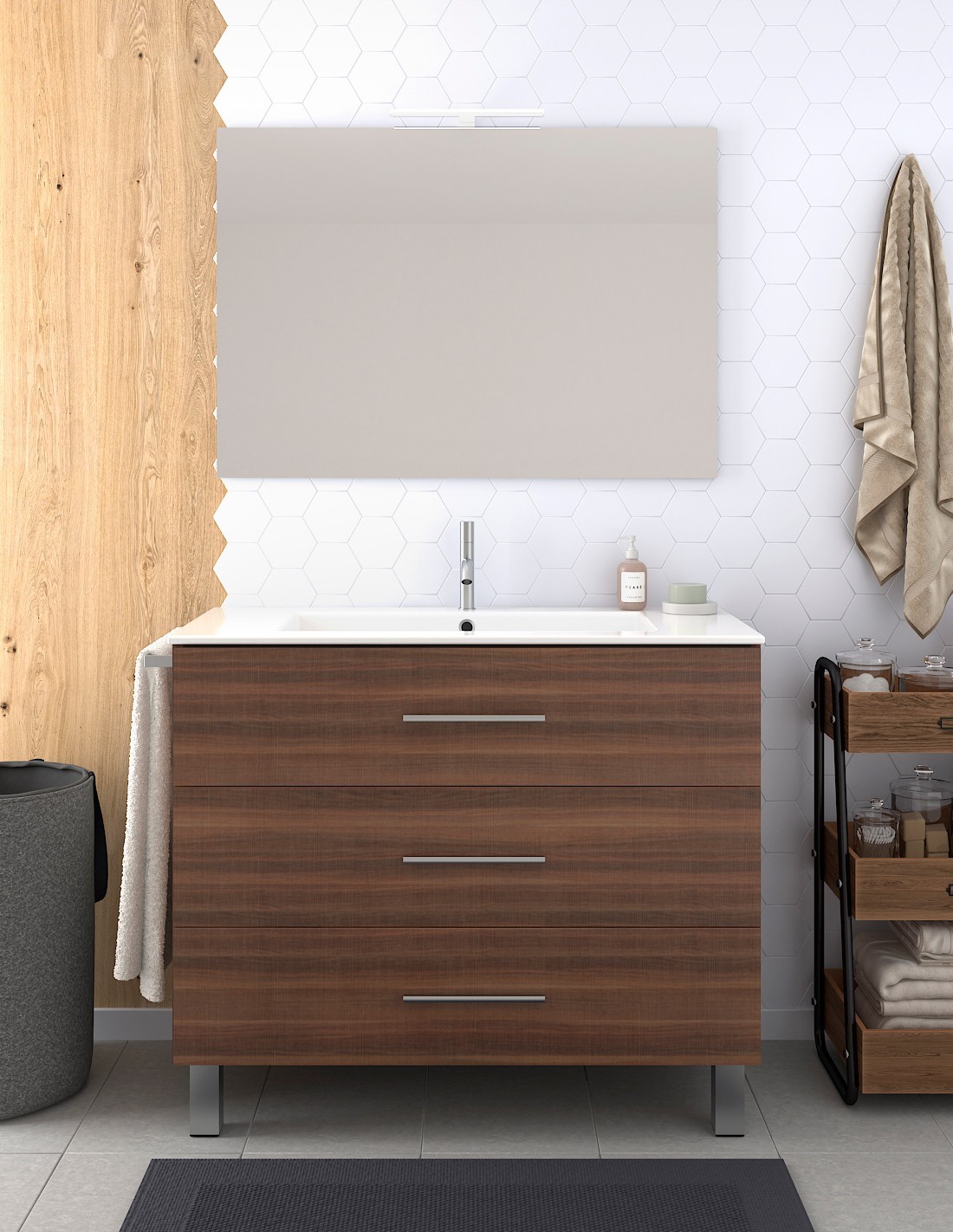 Mueble de baño ribera, lavabo y espejo 100x40cm fresno tea