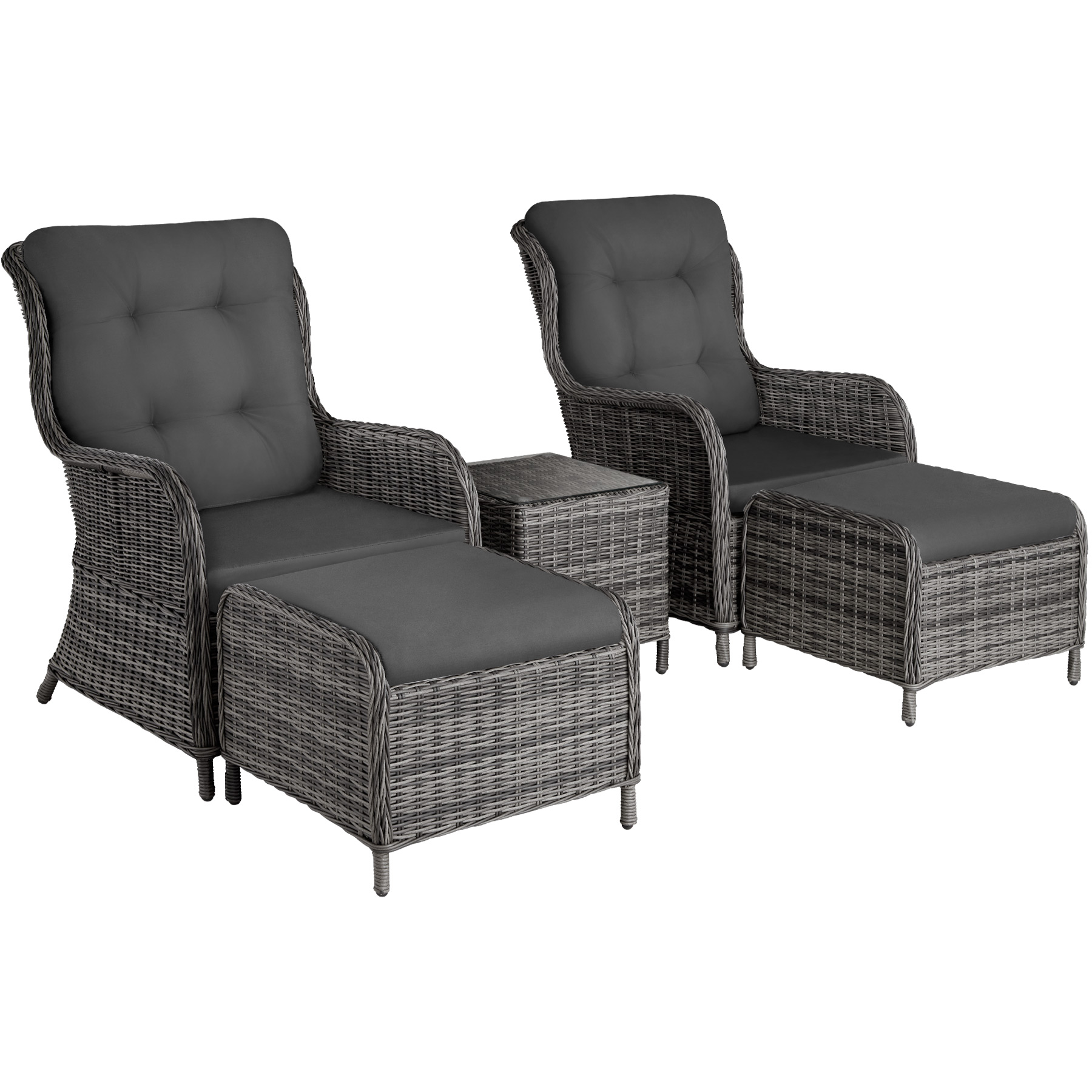 Conjunto de ratán, 2 sillones, 2 taburetes, cojines, 1 mesa, gris