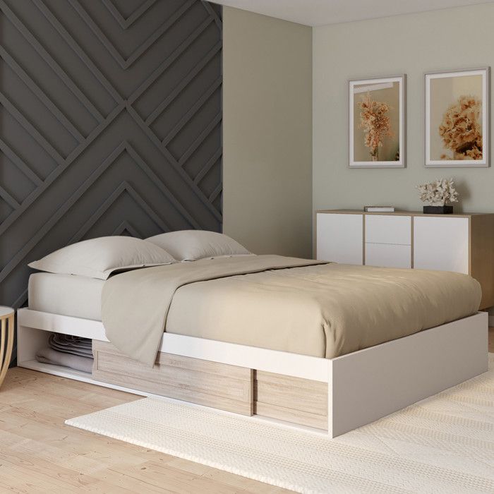 Estructura de cama doble con almacenamiento blanca 140 x 190 cm