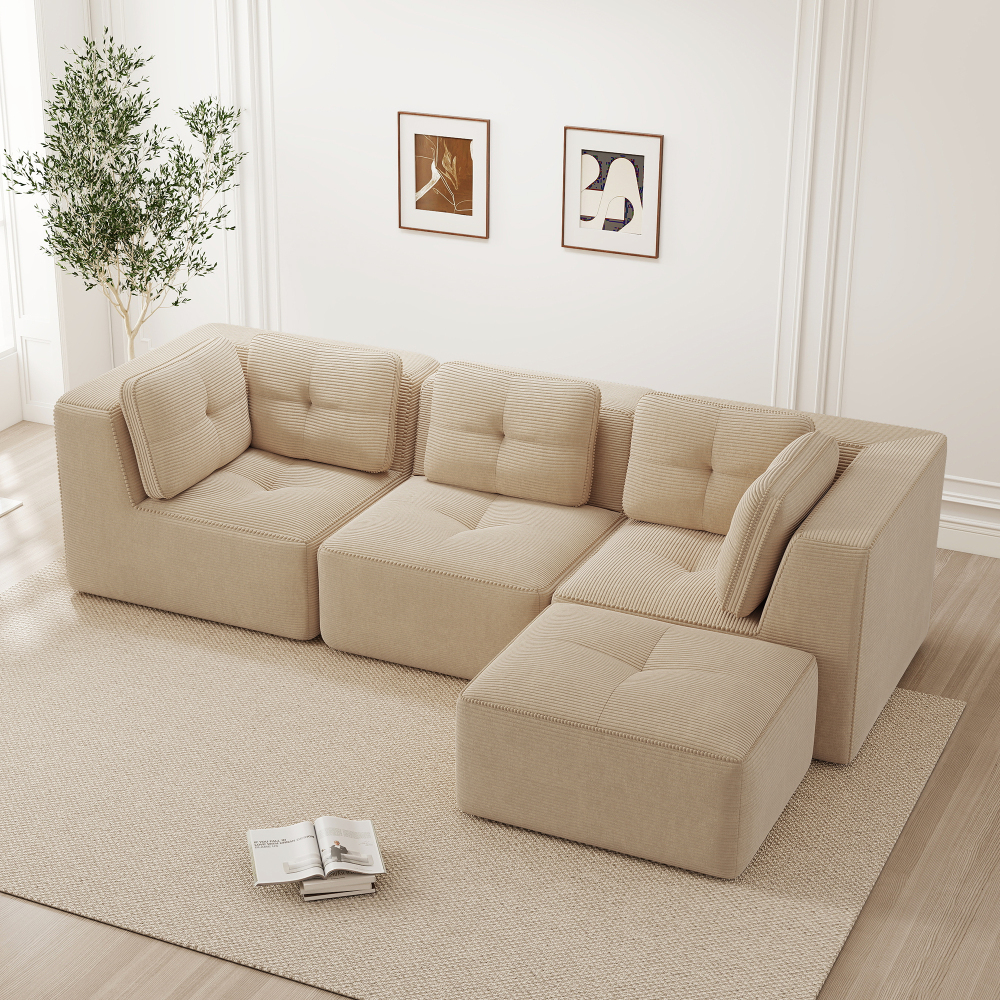 Sofá en l modular de pana beige 3 plazas con otomana y diseño sin montaje