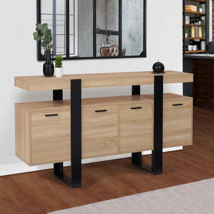 Aparador industrial de madera negra de 4 puertas 160 cm