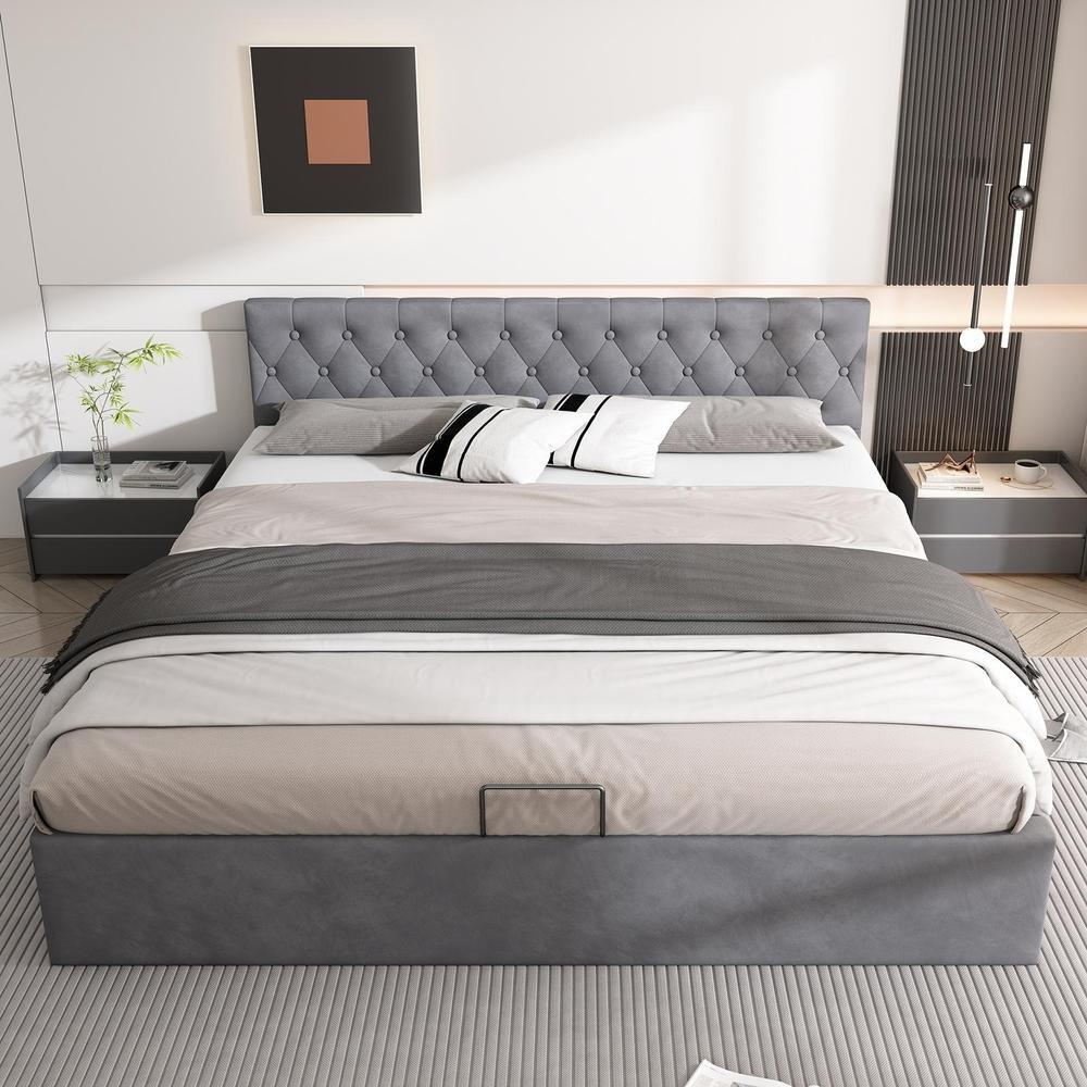 Cama doble 180x200 cm terciopelo con arcón hidráulico y cabecero