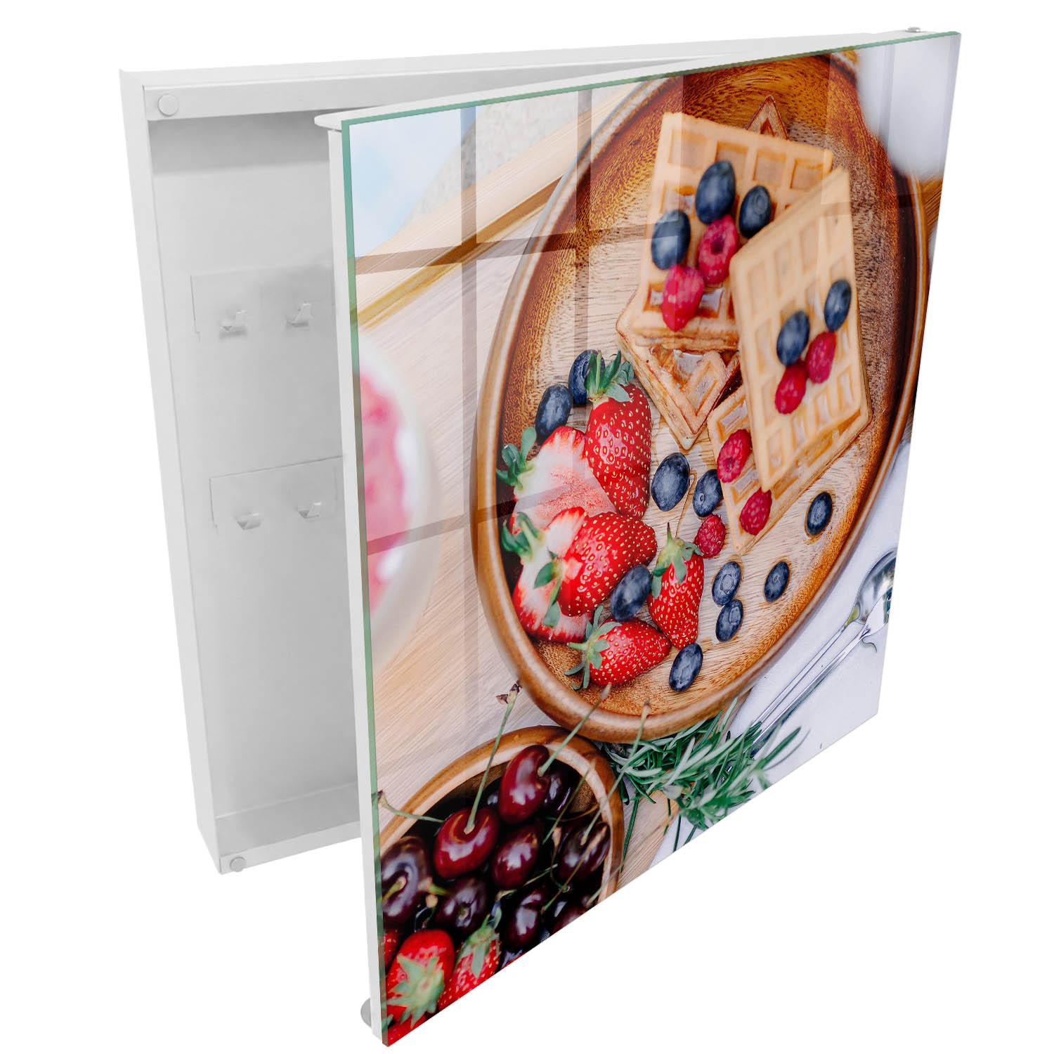 Caja guarda llaves 30x30x5 desayuno con fruta, apertura derecha