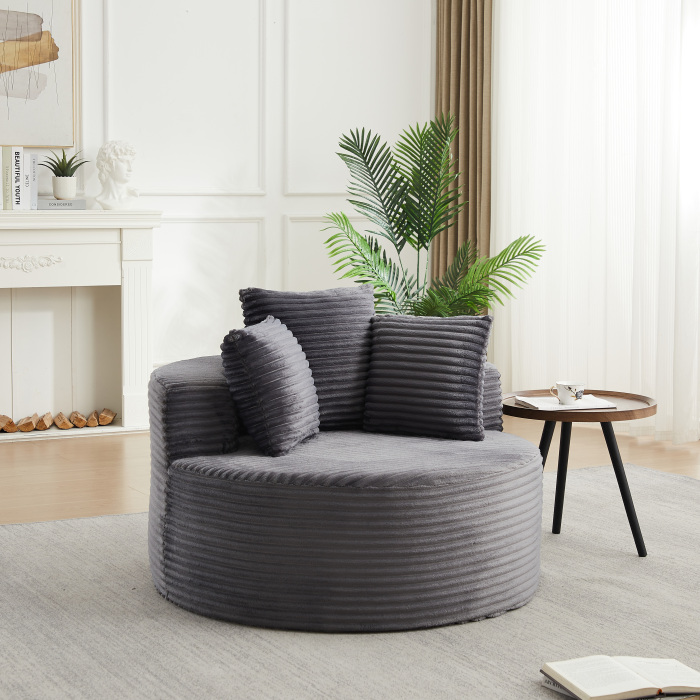 Sillón individual redondo pana gris con 3 cojines