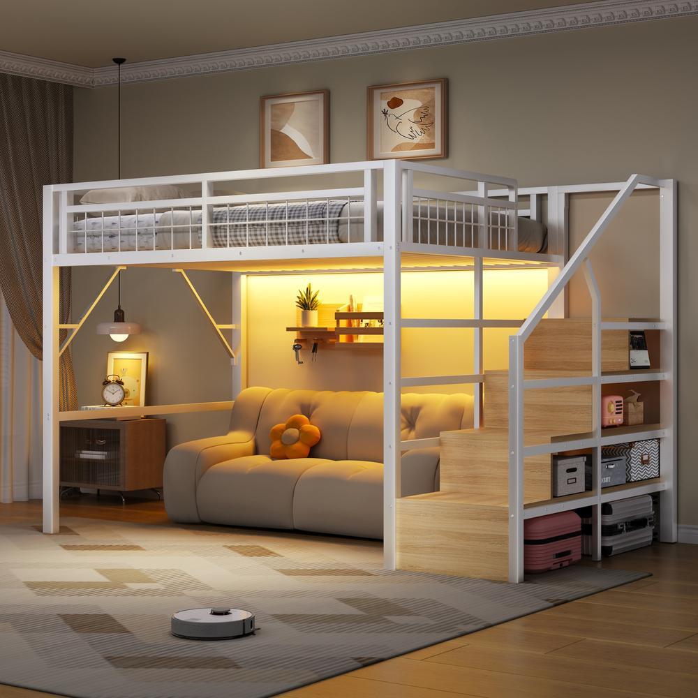 Cama loft 140x200cm, hierro, LED, escalera con almacenaje, blanca