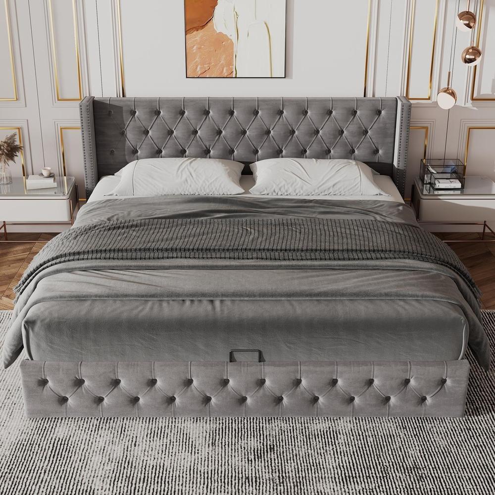 Cama doble tapizada con gran arcón hidráulico 140x190cm gris
