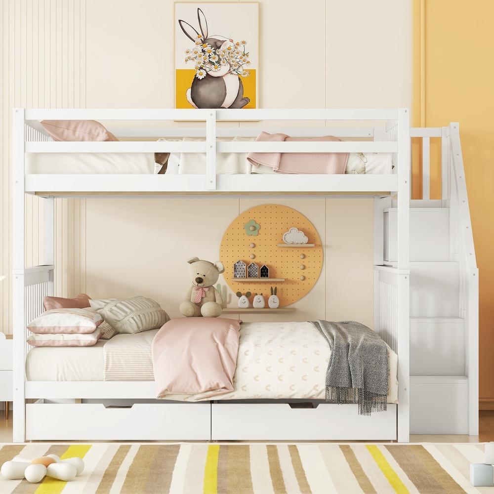 Litera infantil 140x200cm, escalera con almacenaje, 2 cajones, blanca