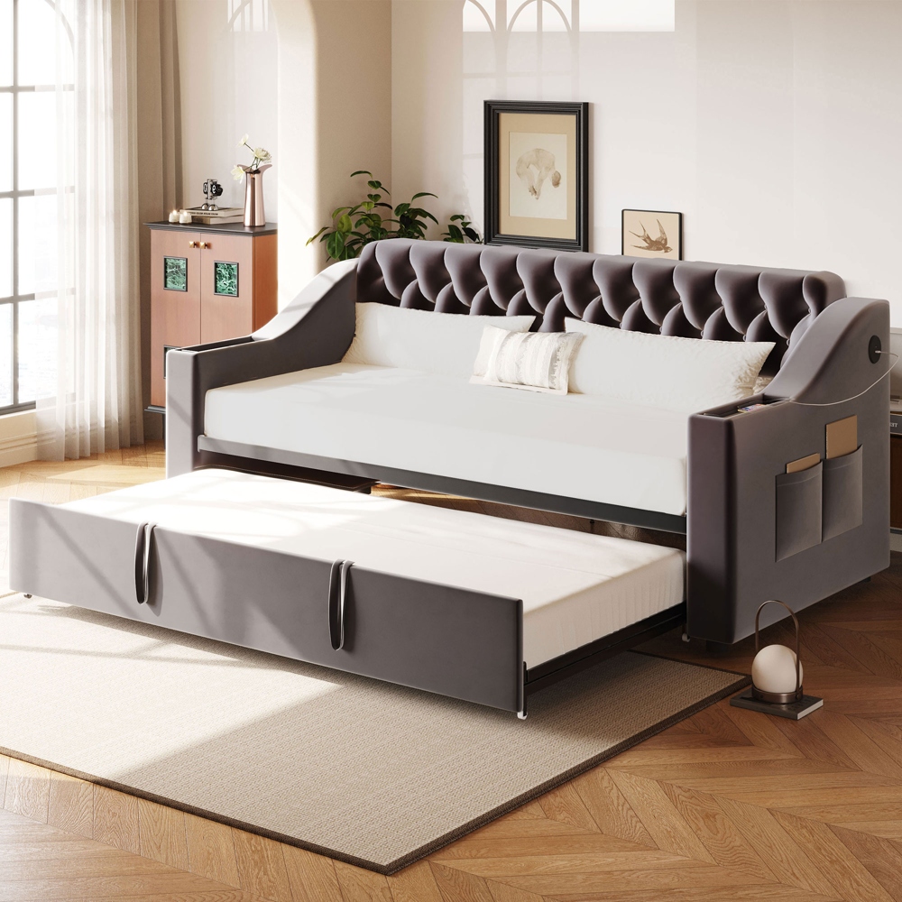 Sofá cama de tela, 90/180 x 190 cm, tejido de terciopelo, gris oscuro.