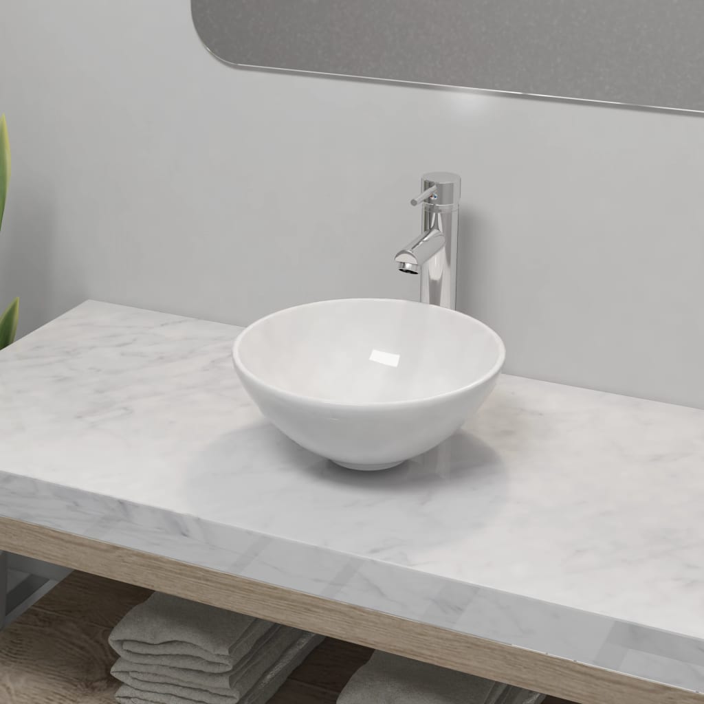 Lavabo de baño con grifo mezclador cerámica redondo blanco es9812