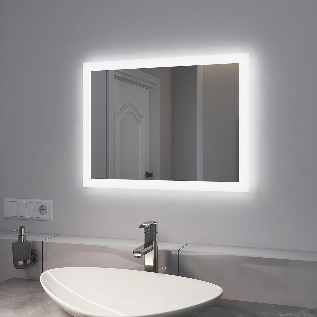 Emke espejo de baño con luz, 60x45cm, antivaho, luz blanca fría/caliente