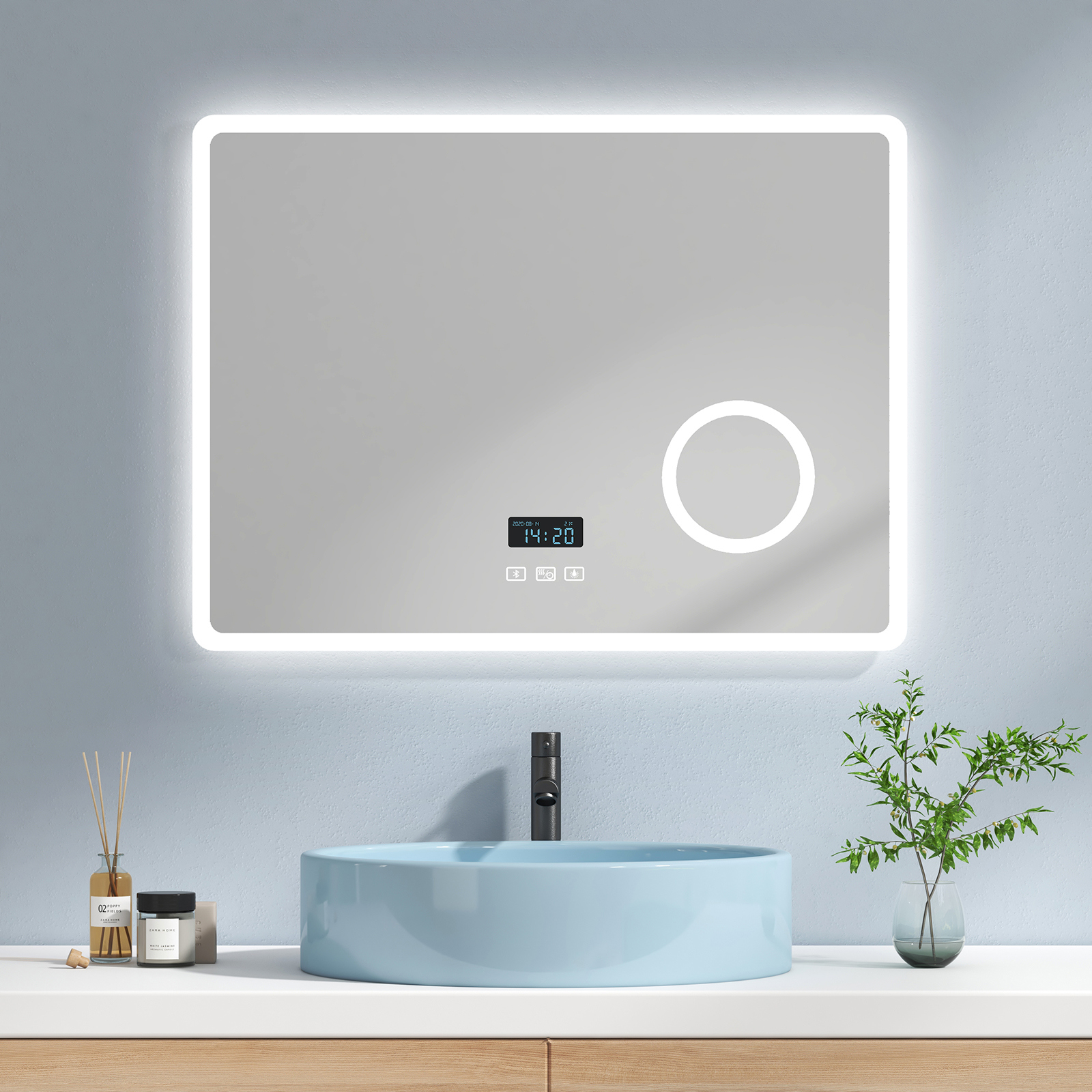Emke espejo baño LED 3x lupa, ip44, 80x60 cm, 3 luces, táctil+antivaho+bt