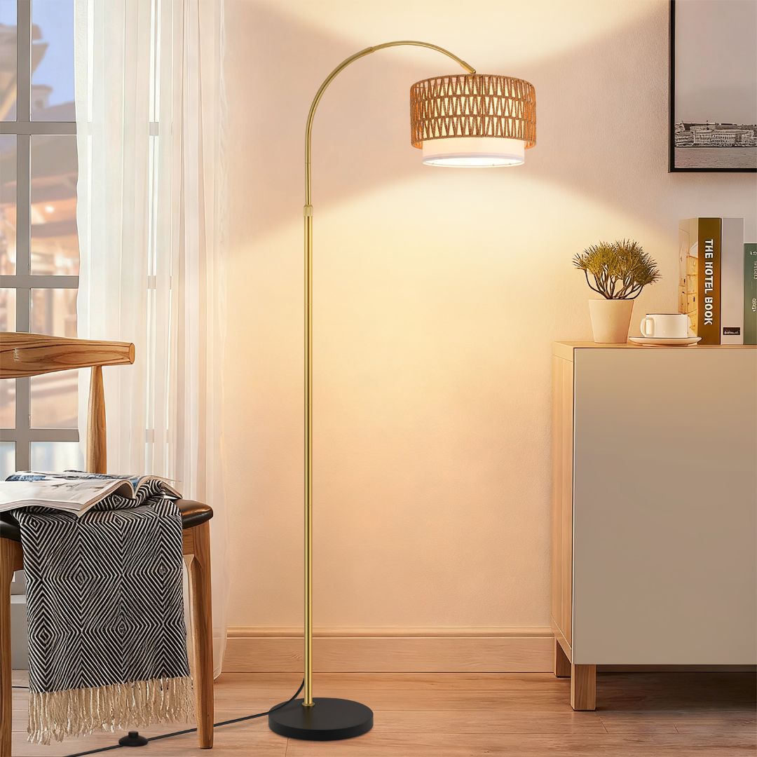 Nettlife lámpara pie arco boho ratán dorado regulable altura ajustable