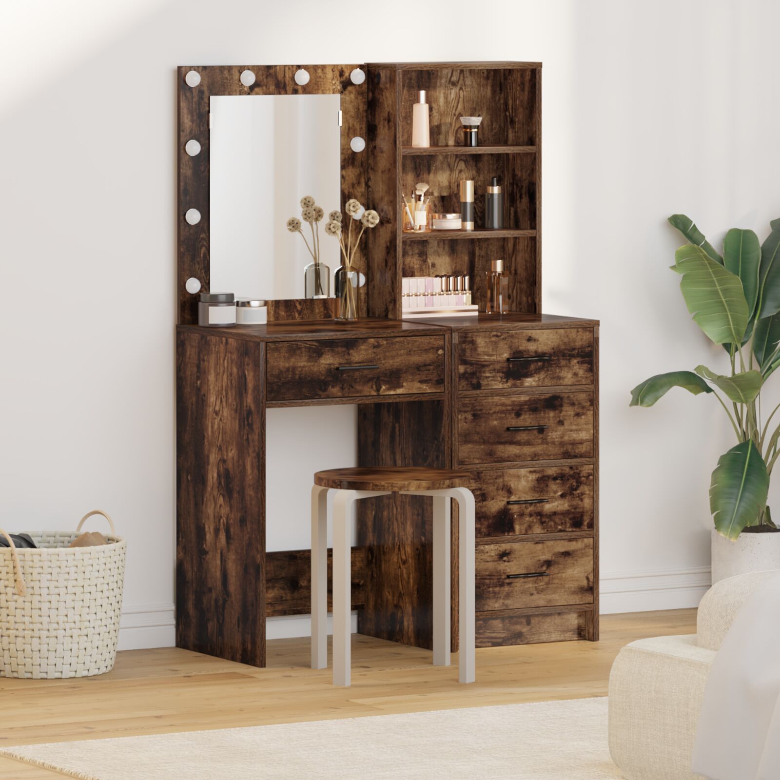 Conjunto de tocador de 2 piezas con LEDs y madera de roble ahumado f2133