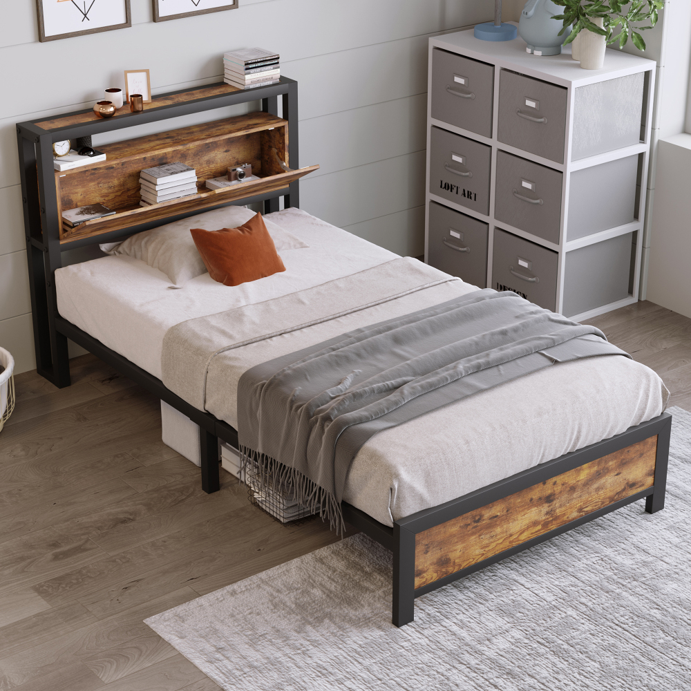 Cama metálica 90x200cm con cabecero con almacenaje metal y mdf – natural