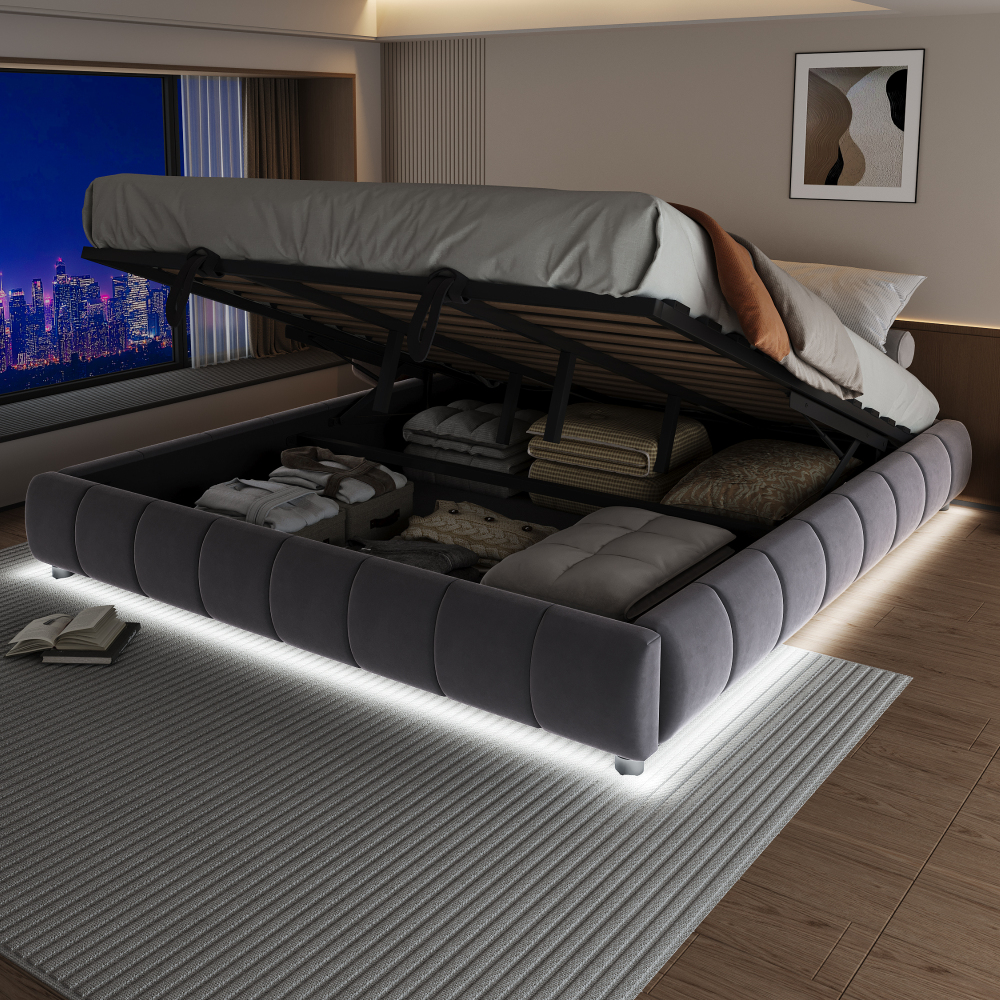 Cama tapizada 180x200cm con LED y canapé hidráulico flannelette – gris
