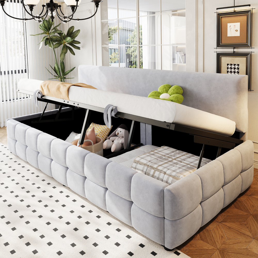 Sofá cama individual 90x200cm con canapé hidráulico terciopelo gris claro