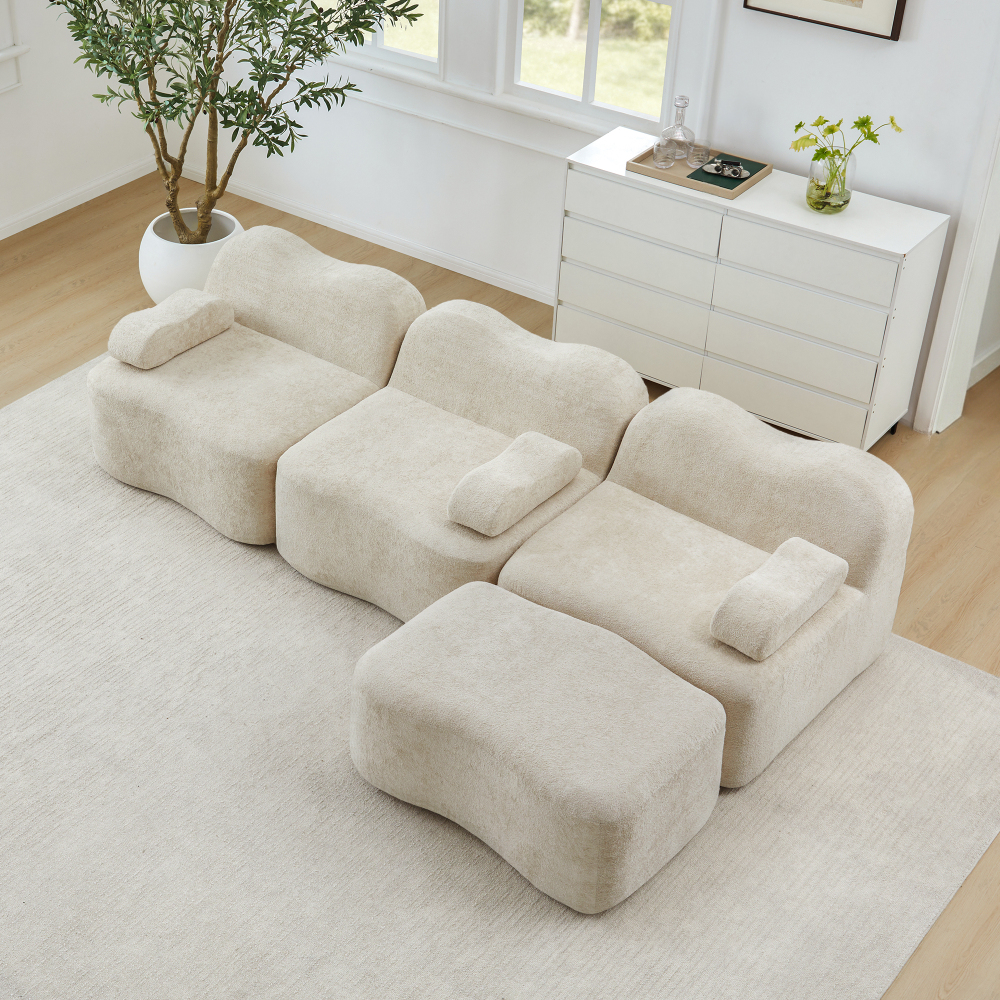 Sofá en l terciopelo beige 3 plazas otomana asiento profundo