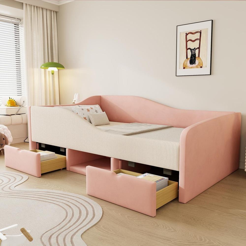 Cama infantil 90x190cm, sofá cama, 2 cajones, barrera, rosa crema