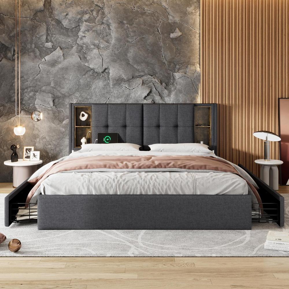 Cama doble tapizada con 4 cajones y carga usb 160x200cm gris