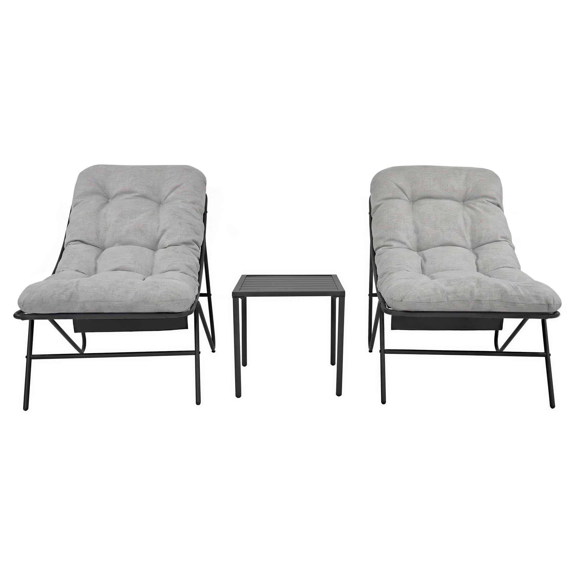 Conjunto jardín 3 piezas gris con cojines 10 cm, mesa y funda