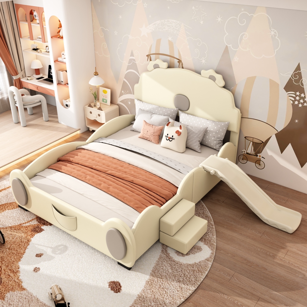 Cama infantil 140x200 cm con tobogán y escalera pu y mdf – color beige