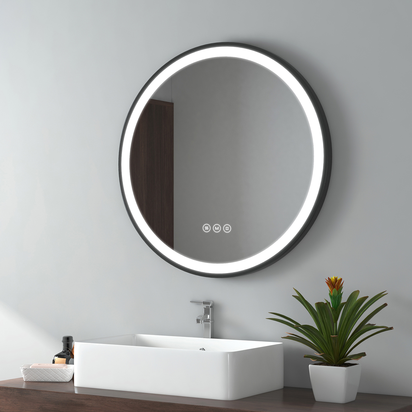 Emke espejo LED ø70 cm, antivaho, 3 tonos de luz, correa ajustable