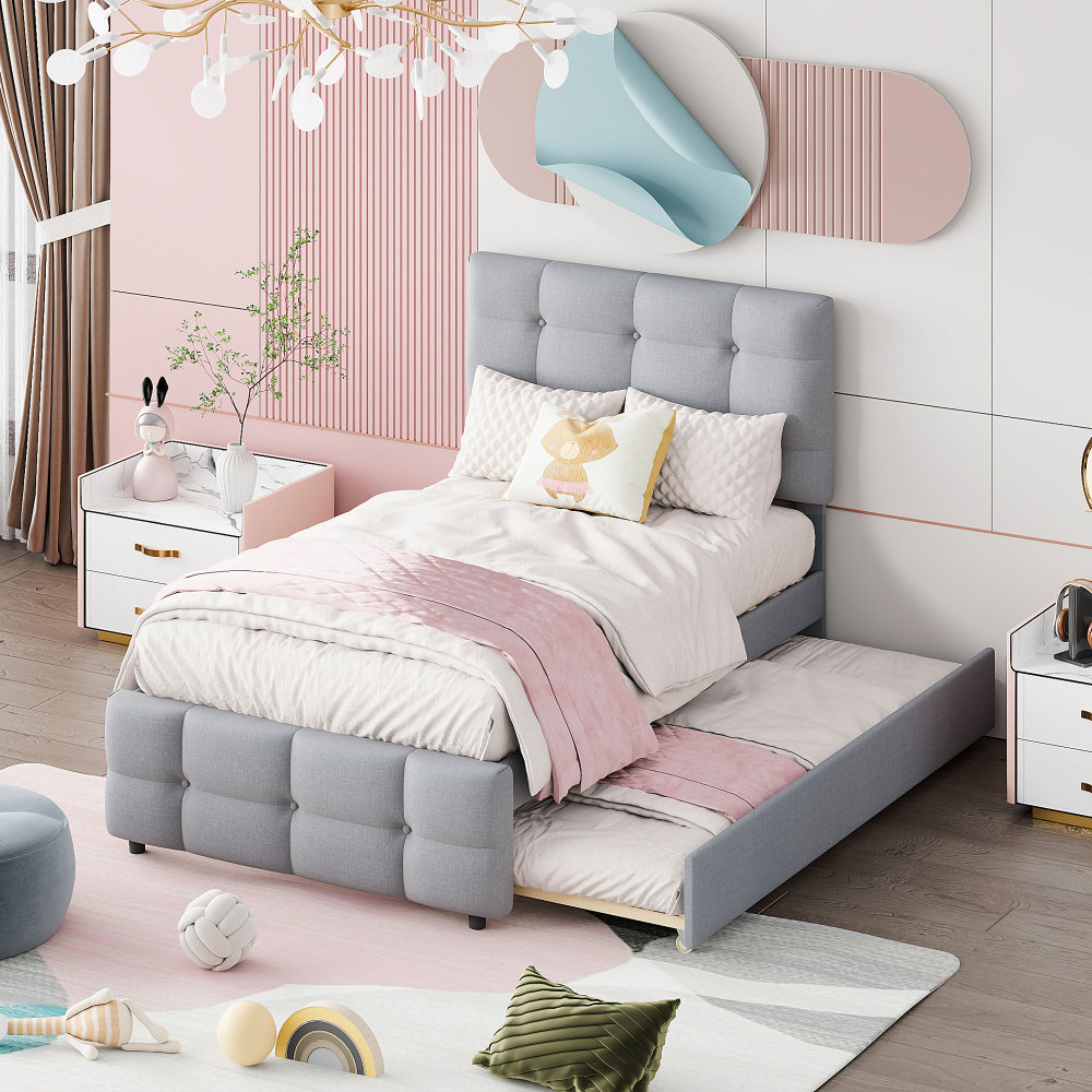Cama tapizada 90x200 cm con cama nido ajustable lino – color gris