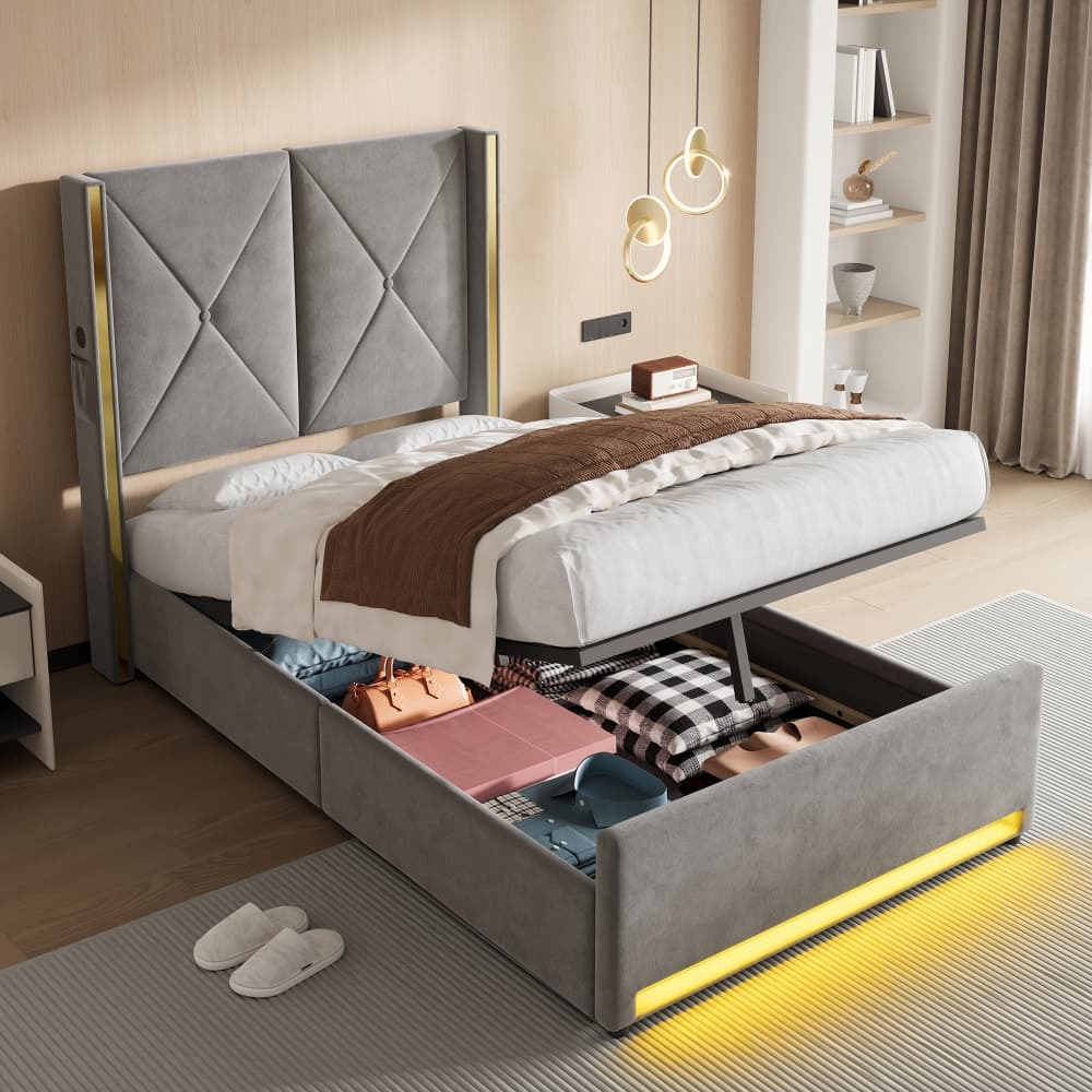 Cama tapizada 90x200cm con almacenaje usb tipo c LED terciopelo