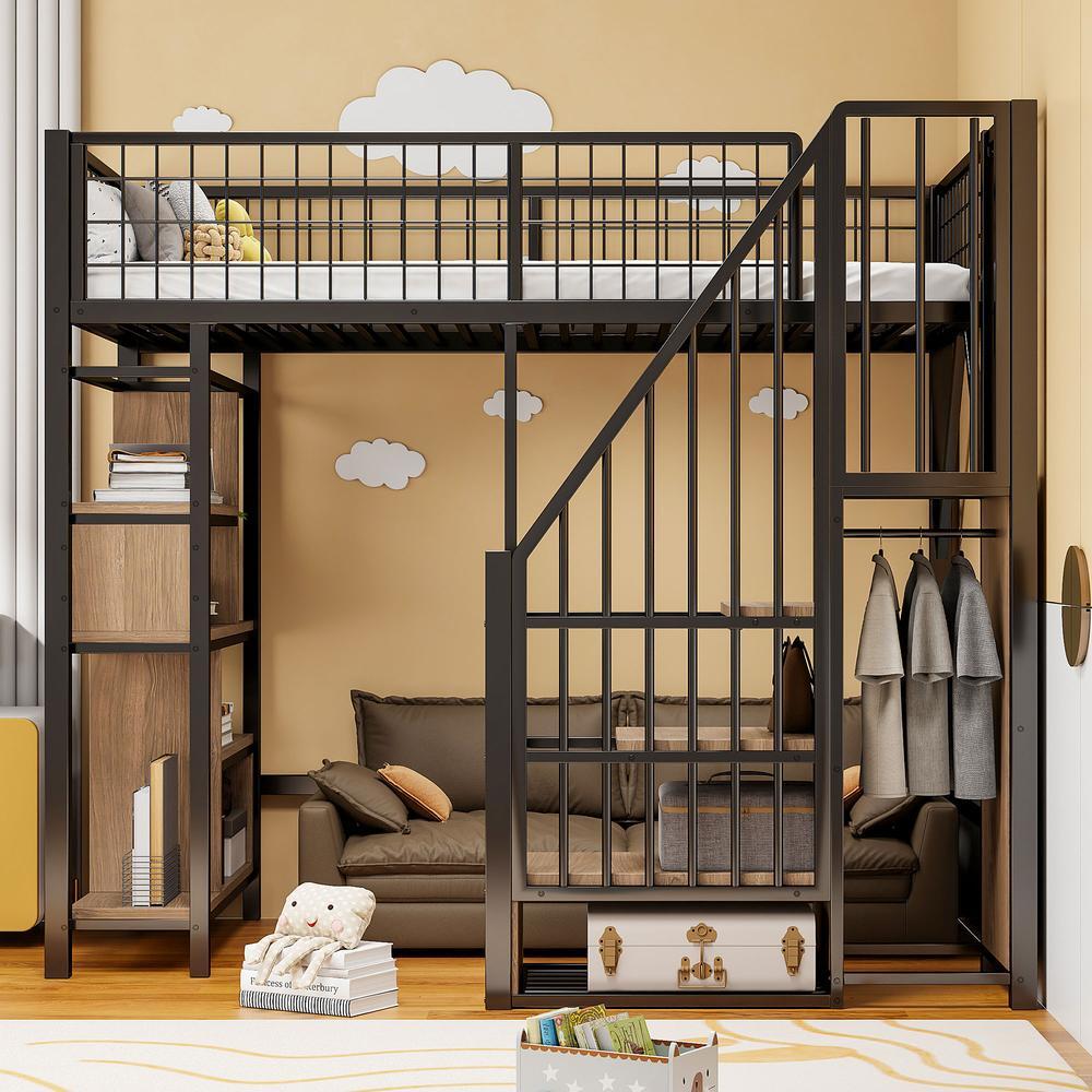 Cama alta 90x200 negra con escalera de almacenaje y estantes