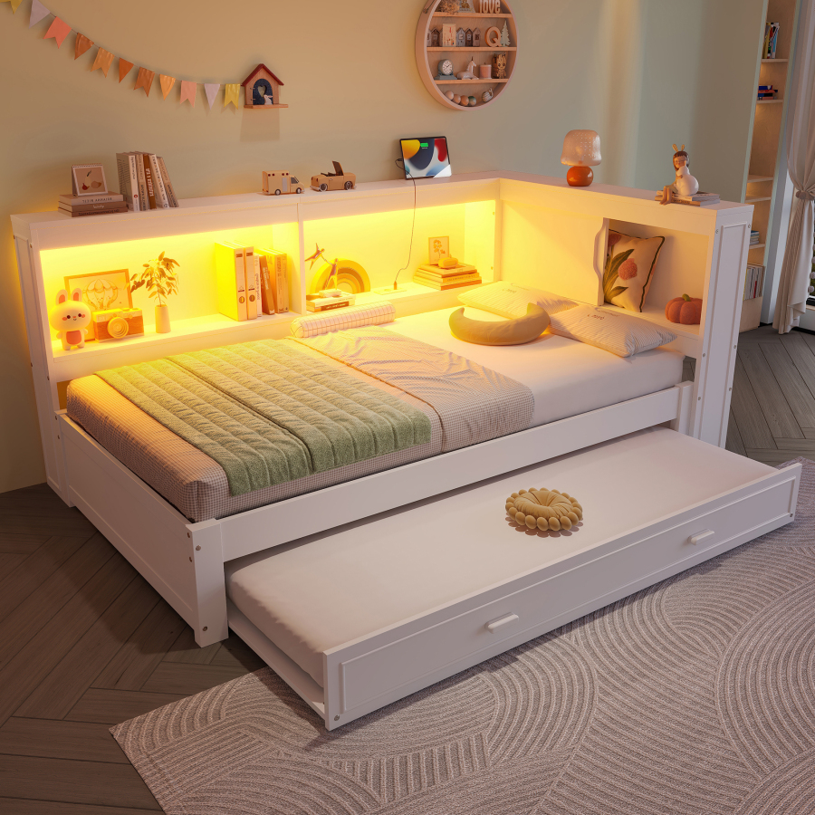 Cama nido 90x200cm con LED y puerto de usb madera – blanco