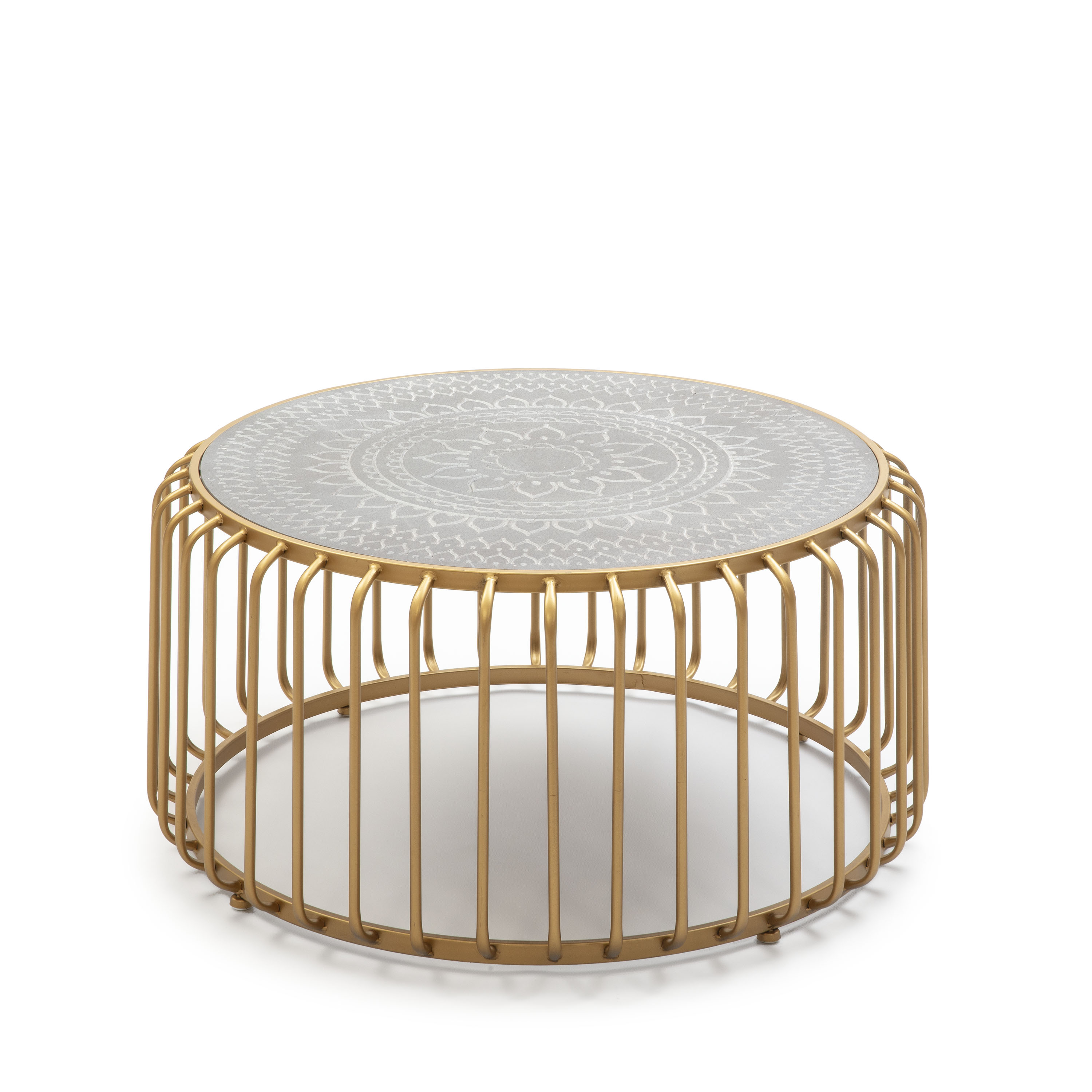 Mesa de centro 77x77x39 metal dorado, dm gris