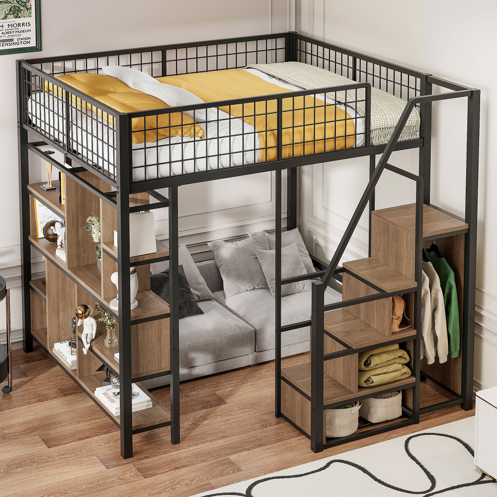 Cama alta 140x200cm con escalera de almacenaje y estantes metal – negro