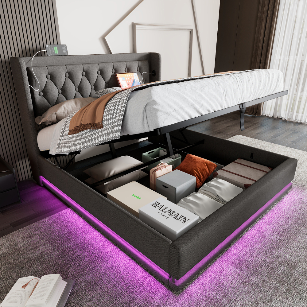 Cama Doble 140x200cm con Canapé Hidráulico, LED y USB-C, Algodón – Gris