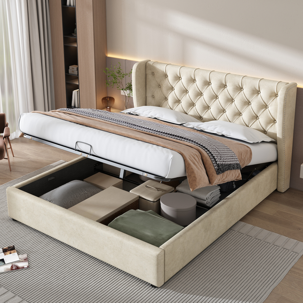 Cama 160x200cm con almacenaje tipo canapé en terciopelo – beige