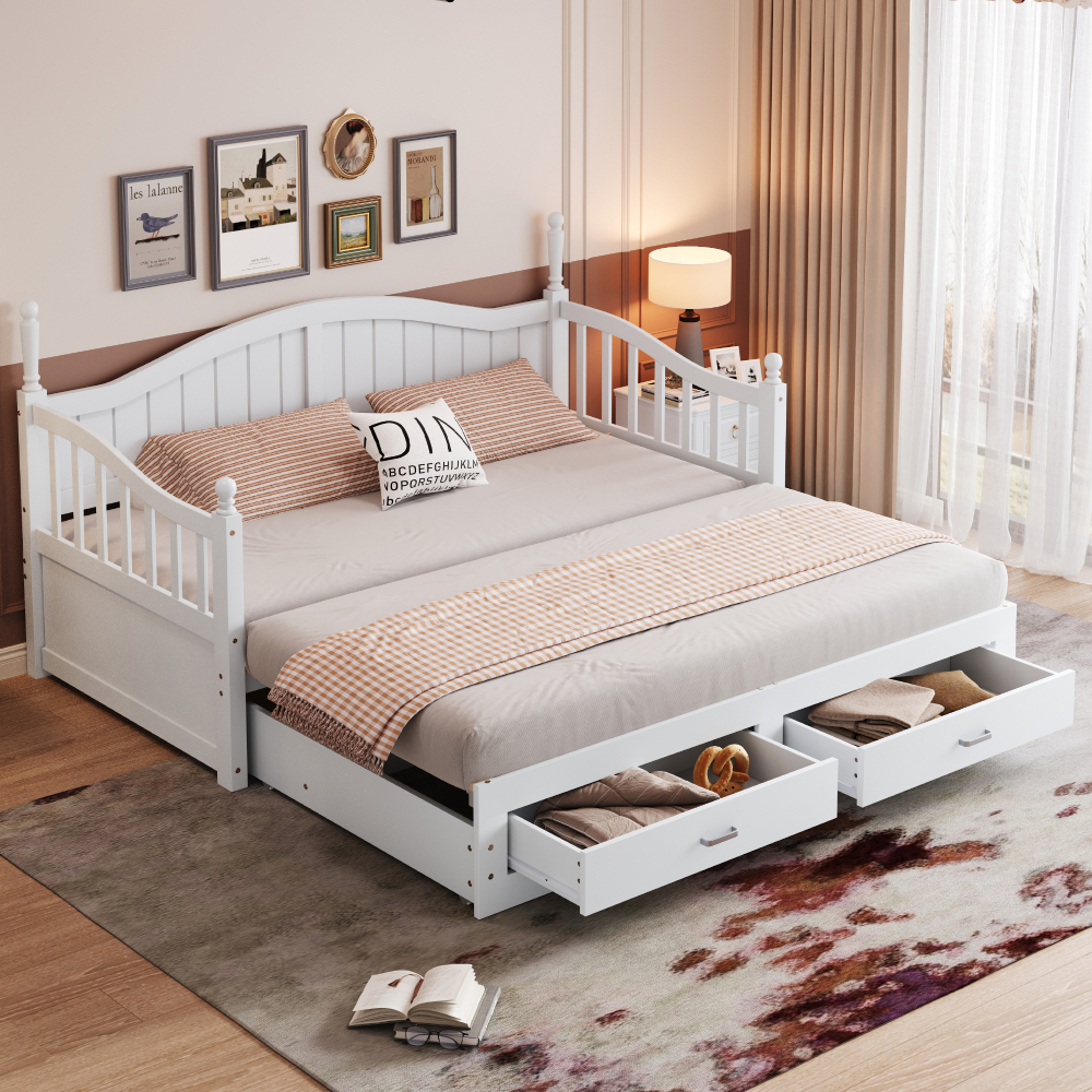 Cama nido 90/180x190cm con cajones, sofá cama madera maciza – blanco