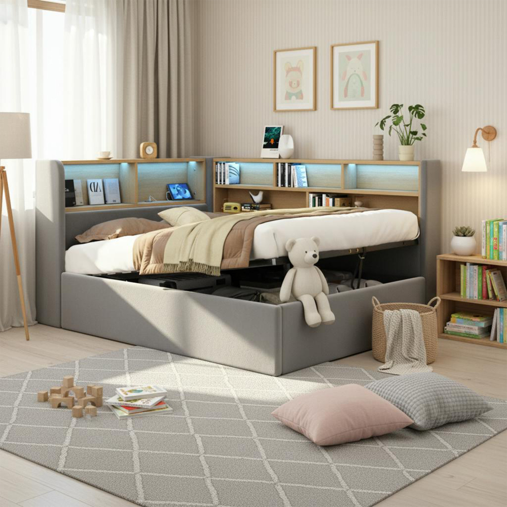 Cama tapizada 90x200 cm con canapé hidráulico, LED y usb terciopelo – gris