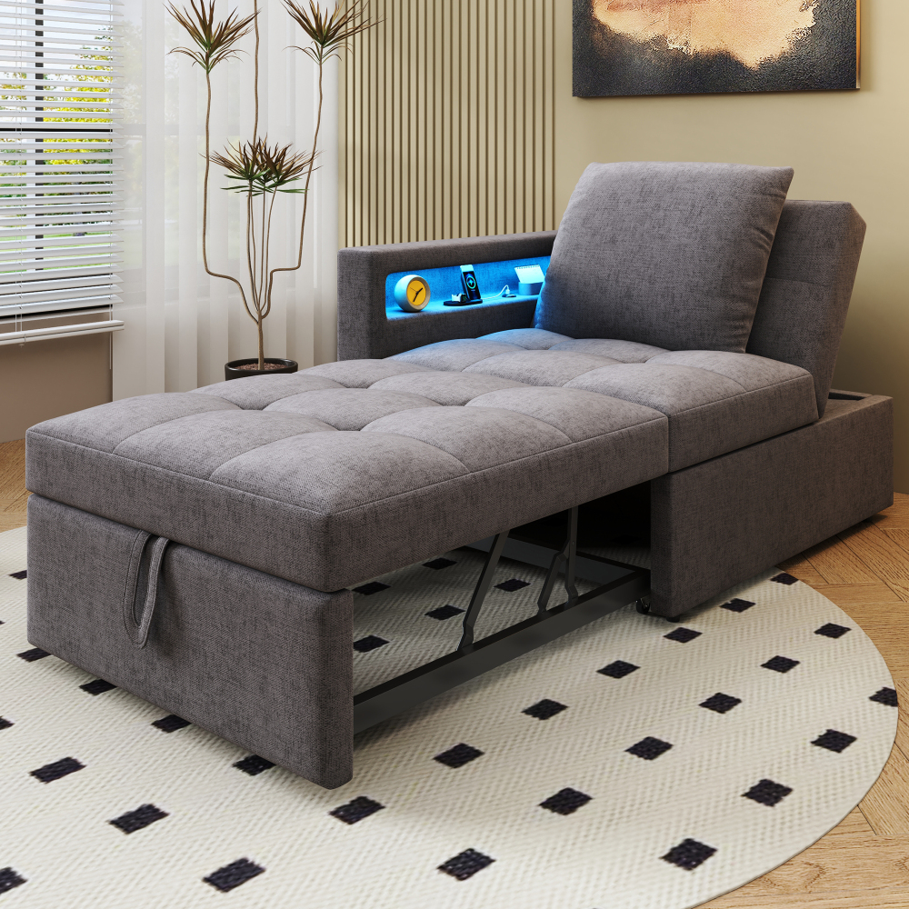 Sofá cama plegable 3 en 1 gris oscuro con respaldo ajustable LED y usb