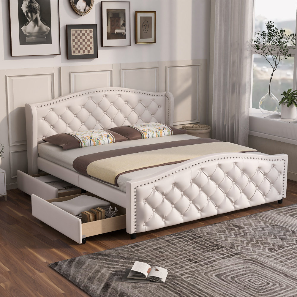 Cama tapizada 160x200cm con 2 cajones y somier pu – color blanco