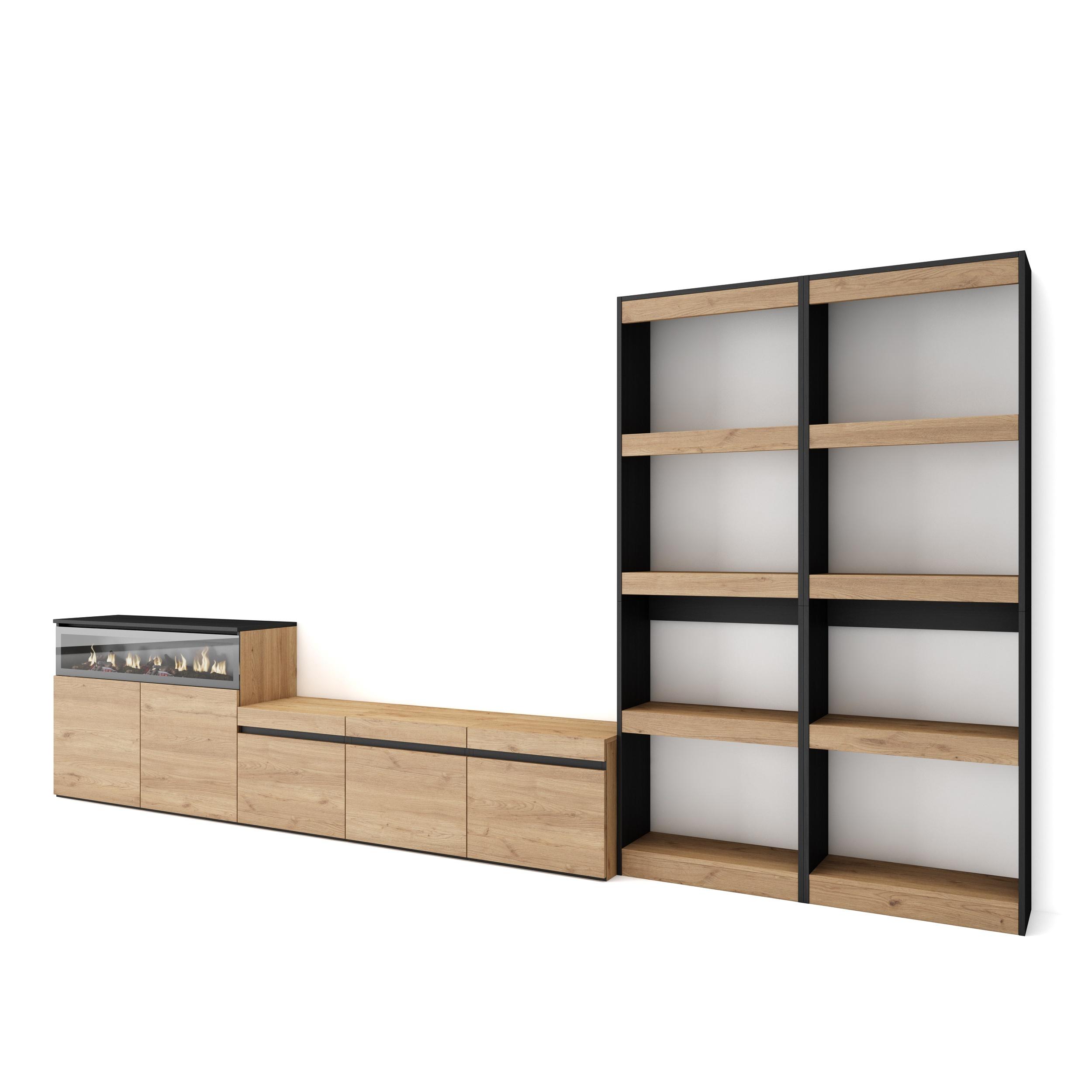 Muebles salón, 370x35x186cm, roble y negro, chimenea eléctrica rf3184
