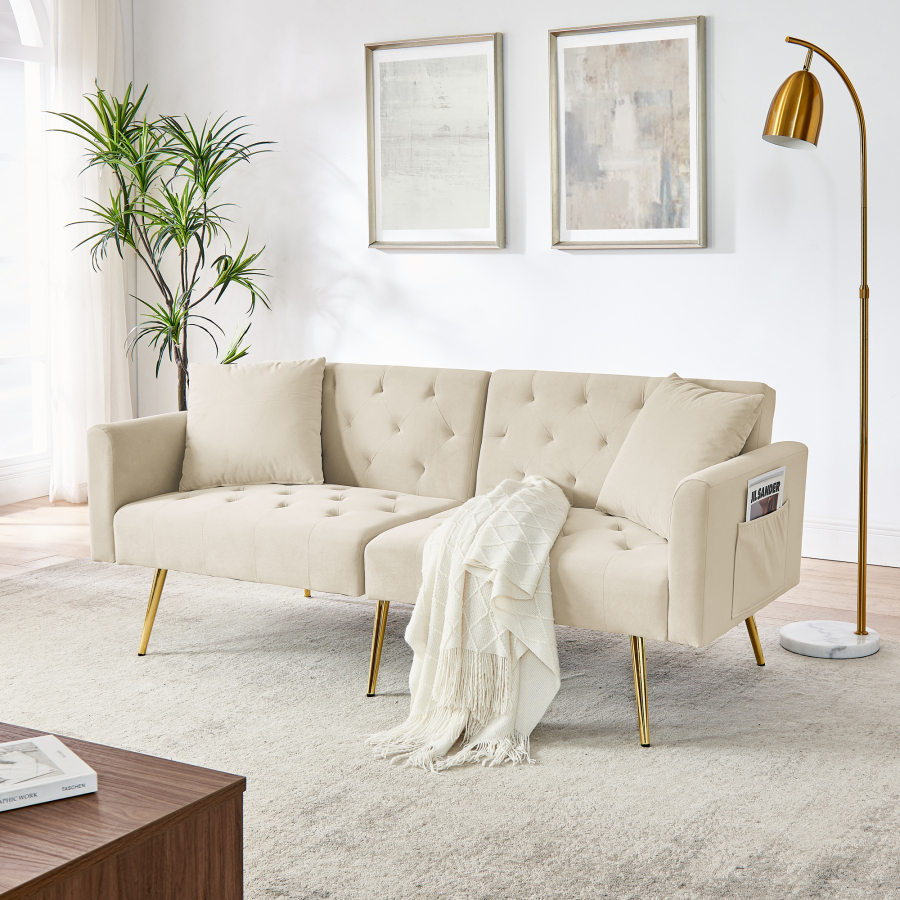 Sofá 2 plazas terciopelo beige con respaldo ajustable y 2 cojines