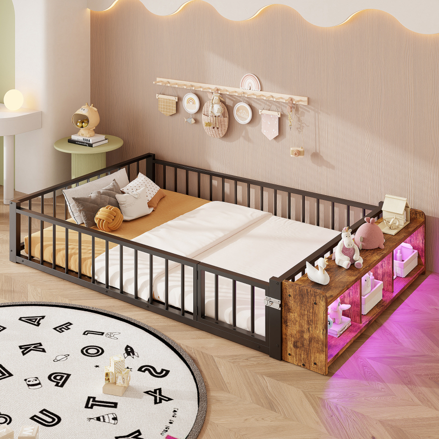 Cama metálica 140x200cm con barandilla almacenaje y LED mdf negro