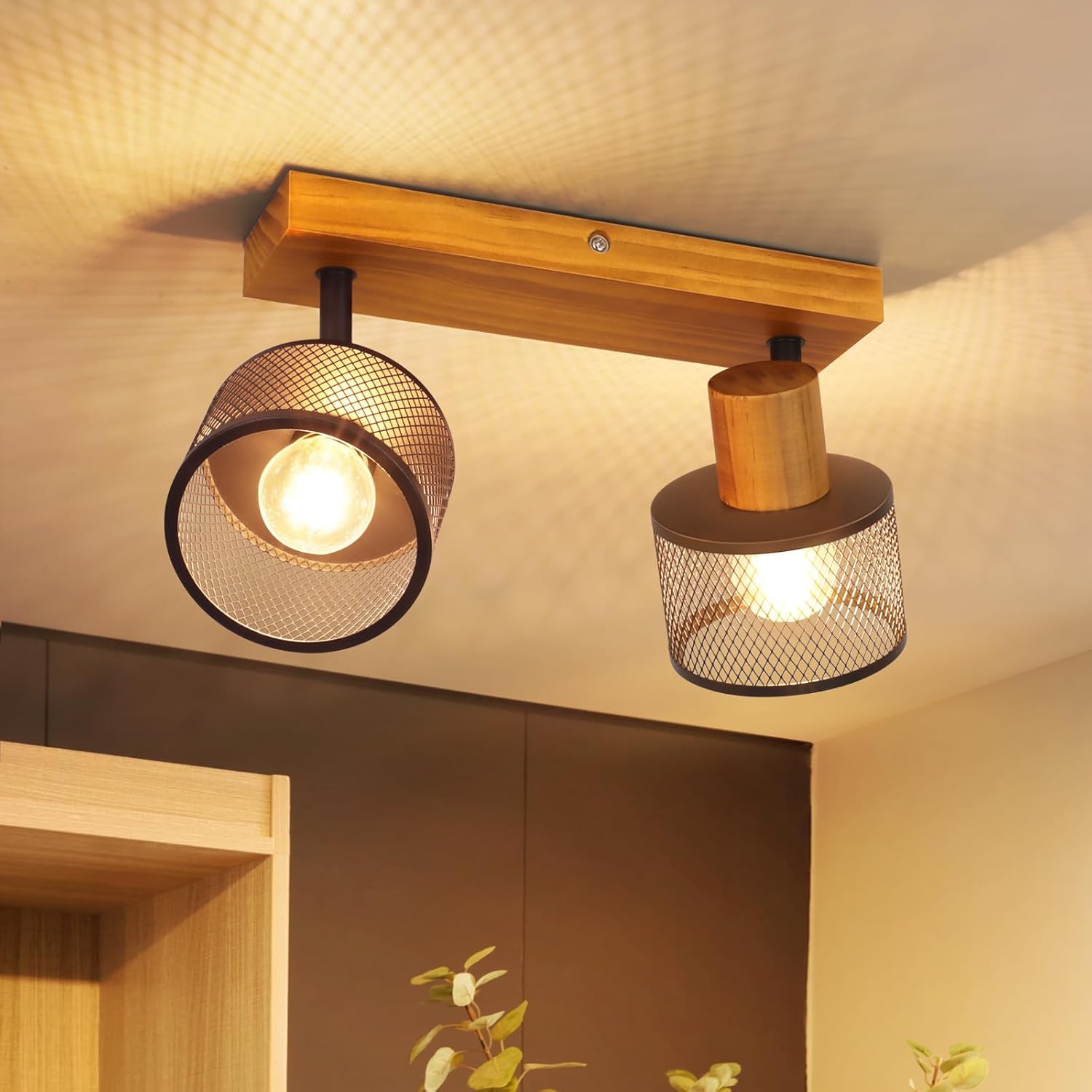 NETTLIFE plafón 2xE14 madera y metal negro orientable para cocina/pasillo
