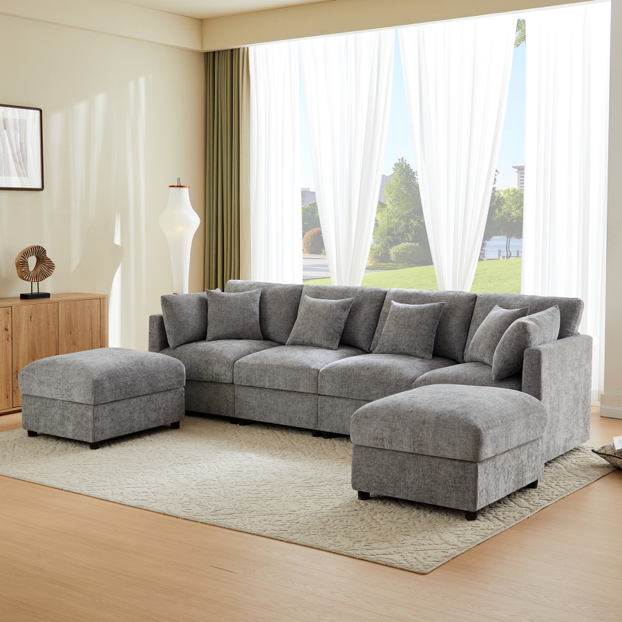 Sofá modular en l chenilla gris 4 plazas con 2 pufs
