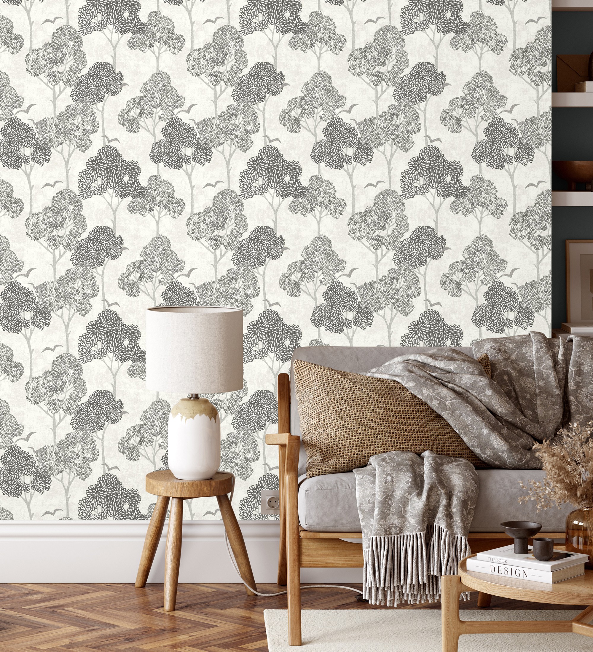 Papel pintado gaulan de árboles gris y pájaros con 5.23m²