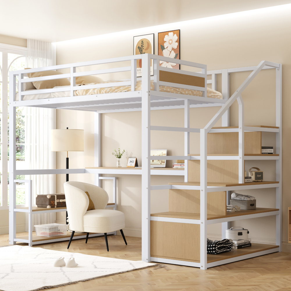 Cama alta metálica 140x200cm con escritorio, estantes y almacenaje blanco