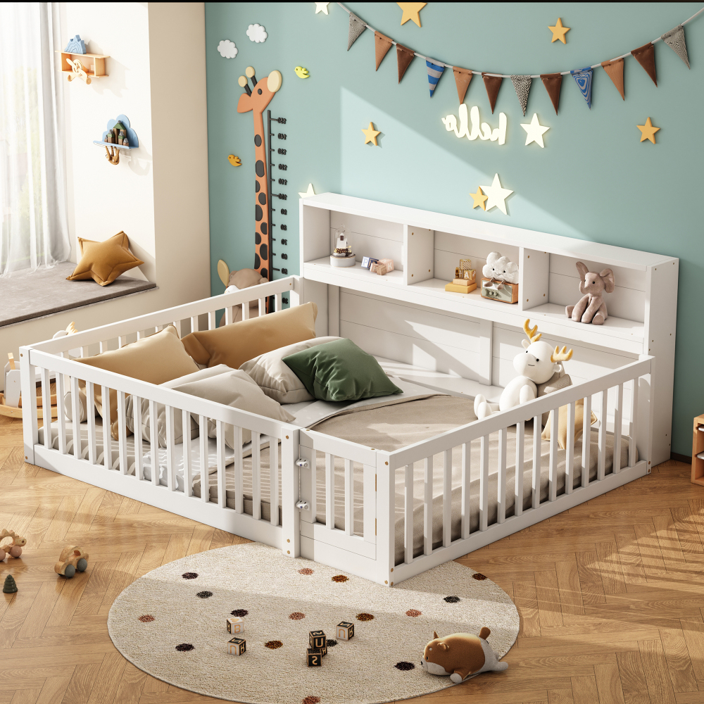 Cama doble 140x200cm con barandilla y estantes laterales pino y mdf blanco