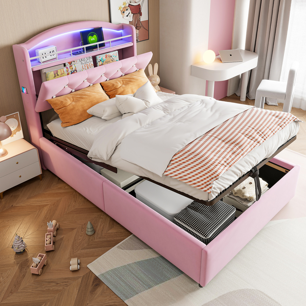 Cama tapizada 90x200cm con canapé hidráulico, LED y usb terciopelo – rosa